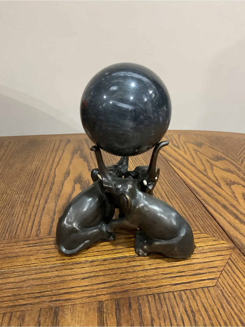 Decorative  Black Metal 3 Elephant Sculpture with Marble Orb